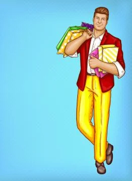 Vector pop art fat man with shopping bags Stock-Illustration