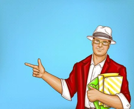Vector pop art fat man with shopping bags Stock-Illustration