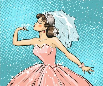Vector pop art illustration of bride looking at wedding ring Stock Illustration