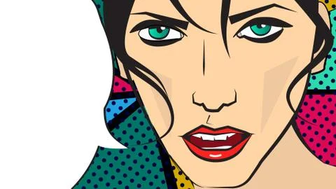 Vector pop art illustration of a dark hair girl and speaking bubble Illustrazione stock