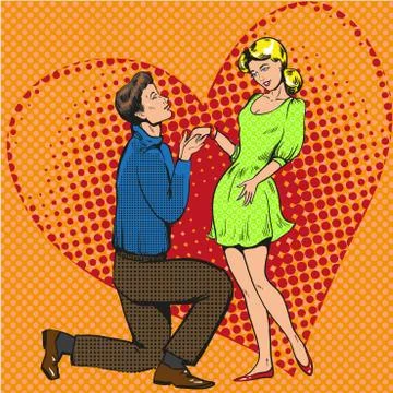 Vector pop art illustration of man proposing marriage to girlfriend Stock Illustration
