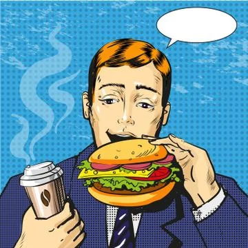 Vector pop art illustration of man eating burger Stock-Illustration