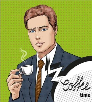 Vector pop art illustration of man with cup of coffee Illustrazione stock