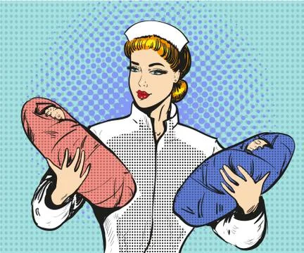 Vector pop art illustration of maternity nurse with twins Stock Illustration