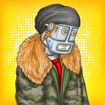 Vector pop art illustration of robot, android in fashion jacket. Artificial Stock-Illustration