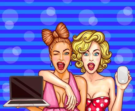 Vector pop art illustration of two young glamorous enthusiastic girls hold in Stock-Illustration