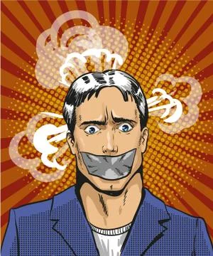Vector pop art illustration of young man with taped mouth Illustrazione stock