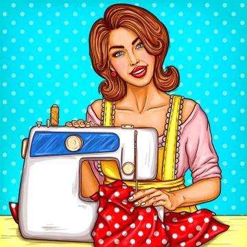 Vector pop art illustration of a young woman dressmaker sewing on a sewing Stock-Illustration