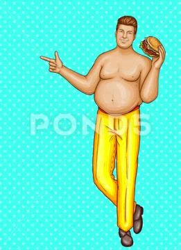 Vector pop art naked fat man with hamburger Stock Illustration