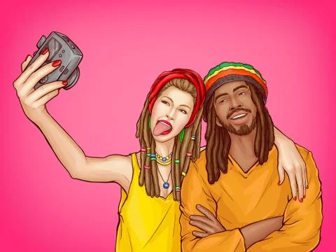 Vector pop art rastafarian couple make selfie Stock Illustration