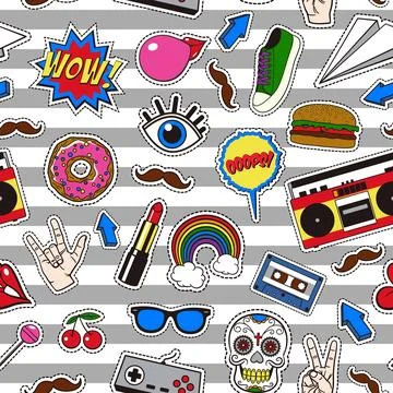 Vector Pop Art Seamless Pattern with Retro Stickers. Colorful Pop Art Seamless Stock Illustration