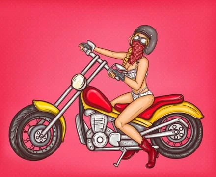Vector pop art sexy biker girl sitting on a motorcycle Illustrazione stock