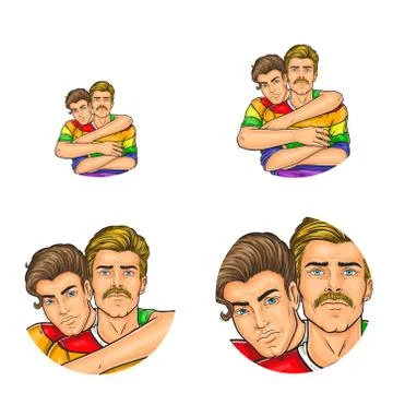 Vector pop art social network user avatars of gay men couple embracing in Stock Illustration