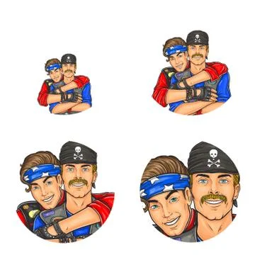 Vector pop art social network user avatars of gay men embracing in leather punk Stock Illustration