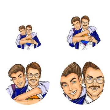 Vector pop art social network user avatars of gay men couple embracing and Stock-Illustration