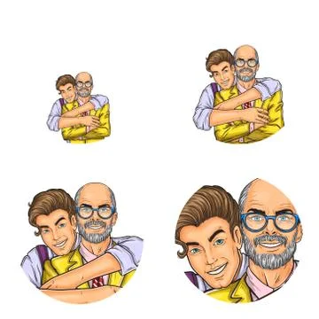 Vector pop art social network user avatars of grandfather and grandson embracing Stock Illustration