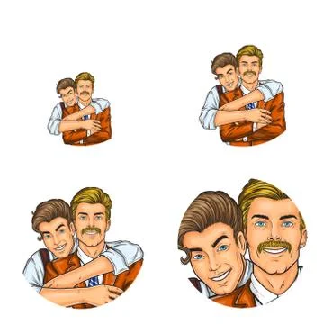 Vector pop art social network user avatars of son boy embracing father man retro Stock Illustration