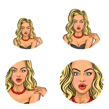 Vector pop art social network user avatars of young blonde girl surprised with Stock Illustration