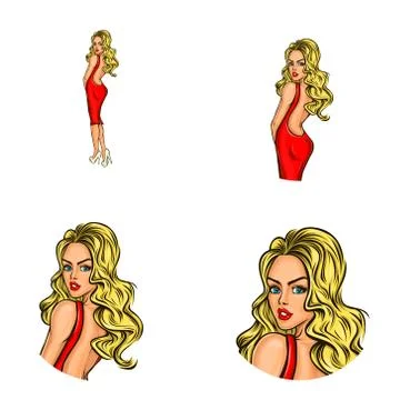Vector pop art social network user avatars of young blonde girl in red dress Stock Illustration