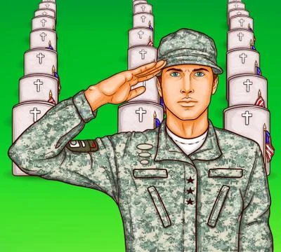 Vector pop art soldier render military salute on the background of rows of grave Stock-Illustration