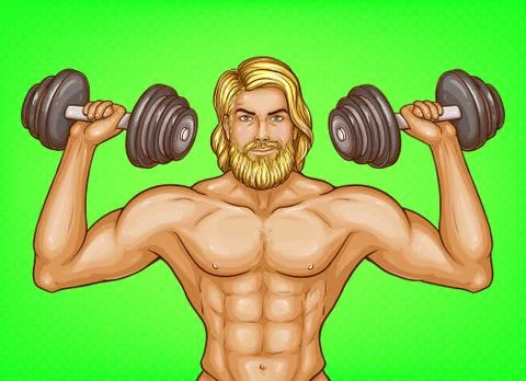 Vector pop art strong man with dumbbells Stock-Illustration