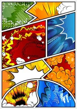 Vector pop-art style comic book page template with explosions, halftone effec 스톡 일러스트