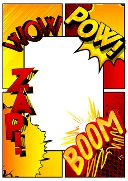 Vector pop-art style comic book page template background with explosions, hal 스톡 일러스트