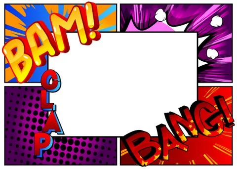 Vector pop-art style comic book page template background with explosions, hal 스톡 일러스트