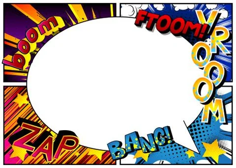 Vector pop-art style comic book page template background with explosions, spe 스톡 일러스트