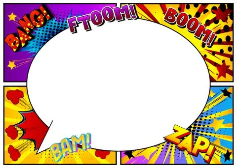 Vector pop-art style comic book page template background with explosions, spe 스톡 일러스트