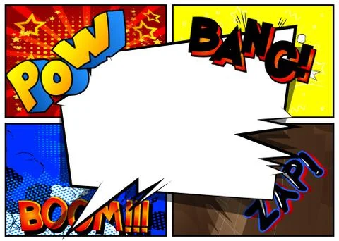 Vector pop-art style comic book page template background with explosions, spe 스톡 일러스트