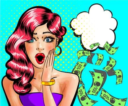 Vector pop art surprised beautiful pin-up girl thinking about money 스톡 일러스트