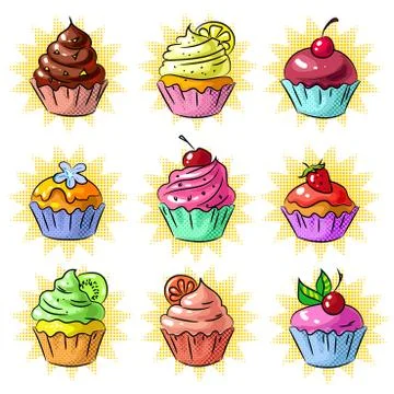 Vector pop art tasty cupcake patch or sticker set Ilustración de archivo