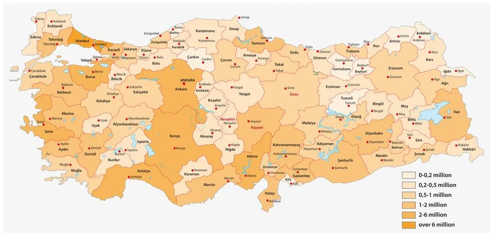 Vector population map of the Turkish provinces Stock Illustration