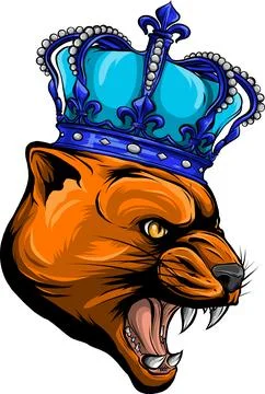 Vector portrait of an angry, grinning Puma, wild cat with a golden crown on his Illustrazione stock