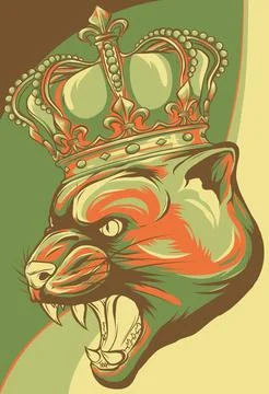 Vector portrait of an angry, grinning Puma, wild cat with a golden crown on his Illustrazione stock