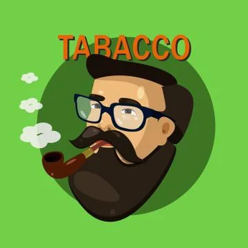 Vector portrait of bearded man hipster in glasses with pipe side-view. Stock Illustration