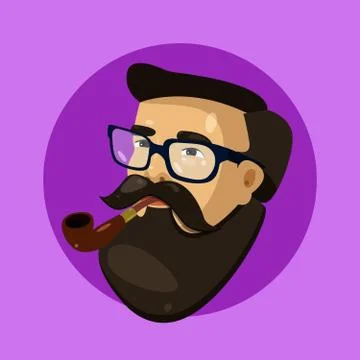 Vector portrait of bearded man hipster in glasses with pipe side-view. Stock Illustration