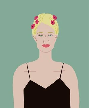 Vector portrait of the beautiful blond woman in black dress with red flowers in Stock Illustration