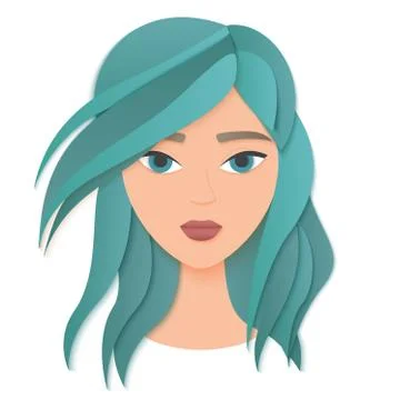 Vector portrait face of young beautiful woman with long green hair. Trendy paper Иллюстрация