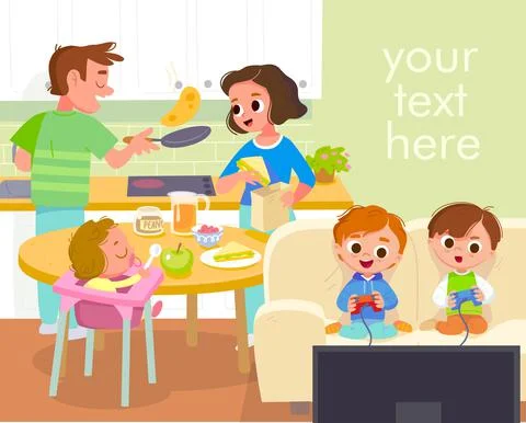 Vector portrait of full big young family in living room イラスト素材