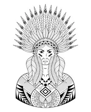 Vector Portrait of Indian head with zentangle War Bonnet. Decora Stock-Illustration