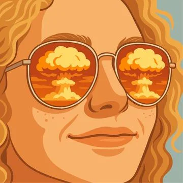 Vector portrait of a man in sunglasses reflecting the clouds of a nuclear. Illustrazione stock