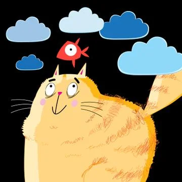 Vector portrait of a orange fat cat and fish Stock Illustration