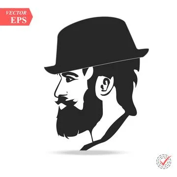 Vector portrait of serious bearded man wearing hat looking away. Stock Illustration