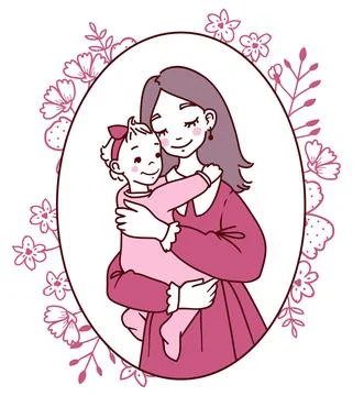 Vector portrait of smiling mom hugging her daughter in a floral frame in pink Stock Illustration