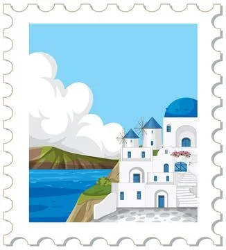 Vector postage stamp design of white coastal buildings, blue domes, and windm Stock Illustration