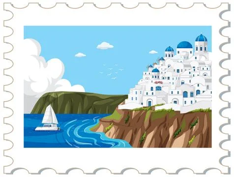 Vector postage stamp design of white coastal buildings, blue domes, and sailb Stock Illustration