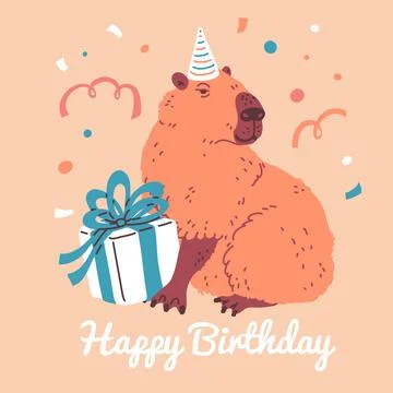 Vector postcard with capybara features a cute animal in a festive hat surrounded Stock Illustration