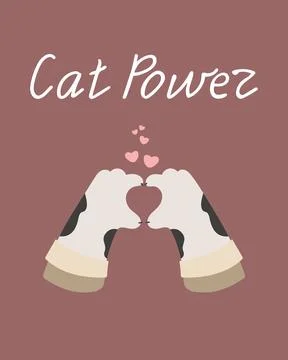 Vector postcard of cat paws, cat power inscription, heart finger gestures Illustrazione stock